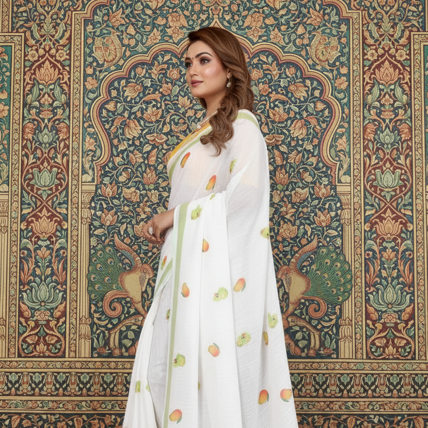 Muthu Studio Premium Trending Women's Linen Cotton Printed Saree With Unstitched Blouse 5.5Mtr (White) in White