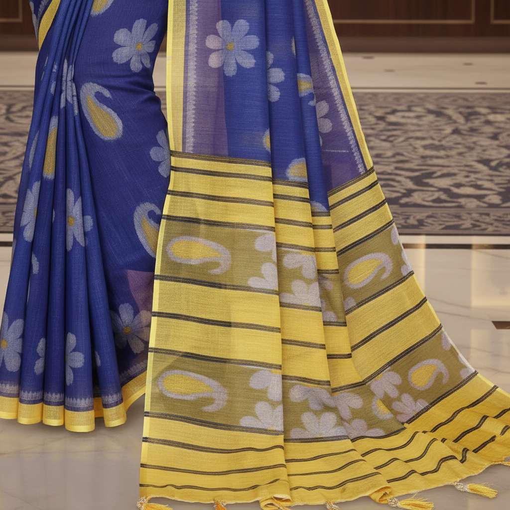 Muthu Studio Premium Trending Women's Linen Cotton Printed Saree With Unstitched Blouse 5.5Mtr (Blue) in Blue