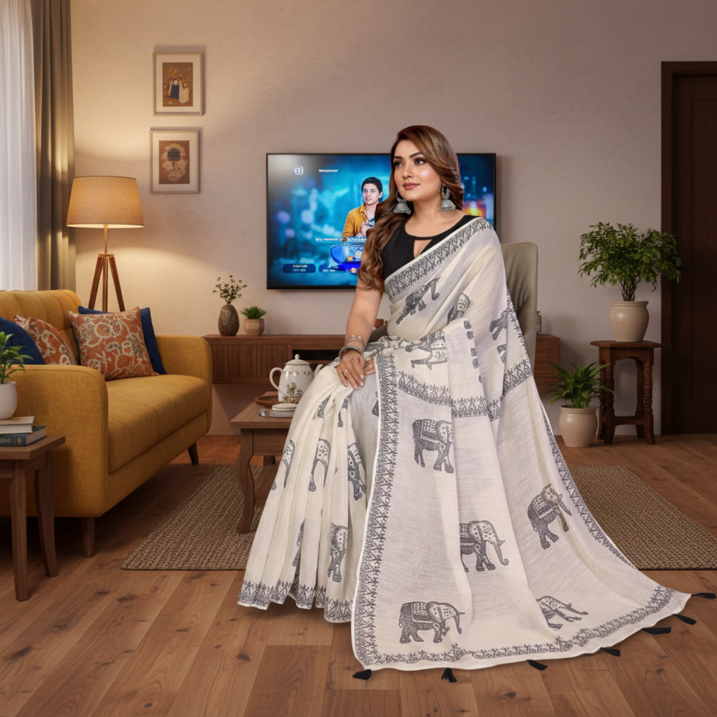 Muthu Studio Premium Trending Women's Linen Cotton Printed Saree With Unstitched Blouse 5.5Mtr (Off White) in Off White