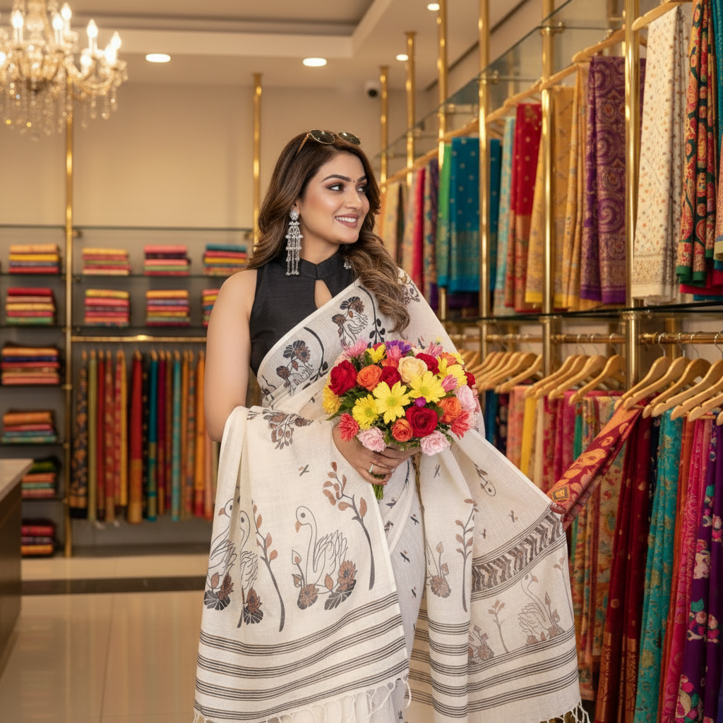 Muthu Studio Premium Trending Women's Linen Cotton Printed Saree With Unstitched Blouse 5.5Mtr (Off White) in Off White