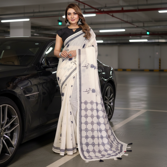 Muthu Studio Premium Trending Women's Linen Cotton Printed Saree With Unstitched Blouse 5.5Mtr (Off White) in Off White