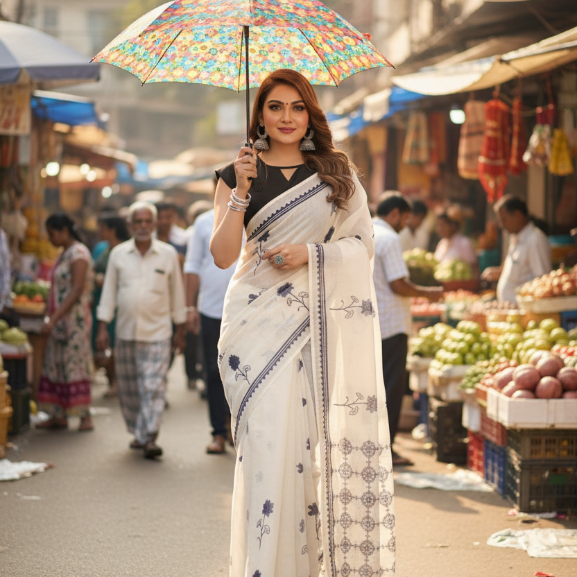 Muthu Studio Premium Trending Women's Linen Cotton Printed Saree With Unstitched Blouse 5.5Mtr (Off White) in Off White