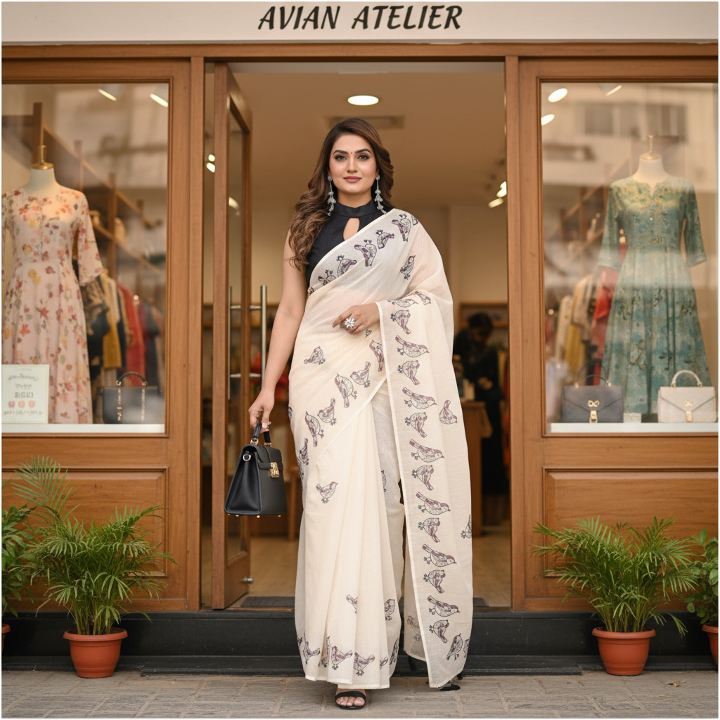 Muthu Studio Premium Trending Women's Linen Cotton Printed Saree With Unstitched Blouse 5.5Mtr (Off White) in Off White