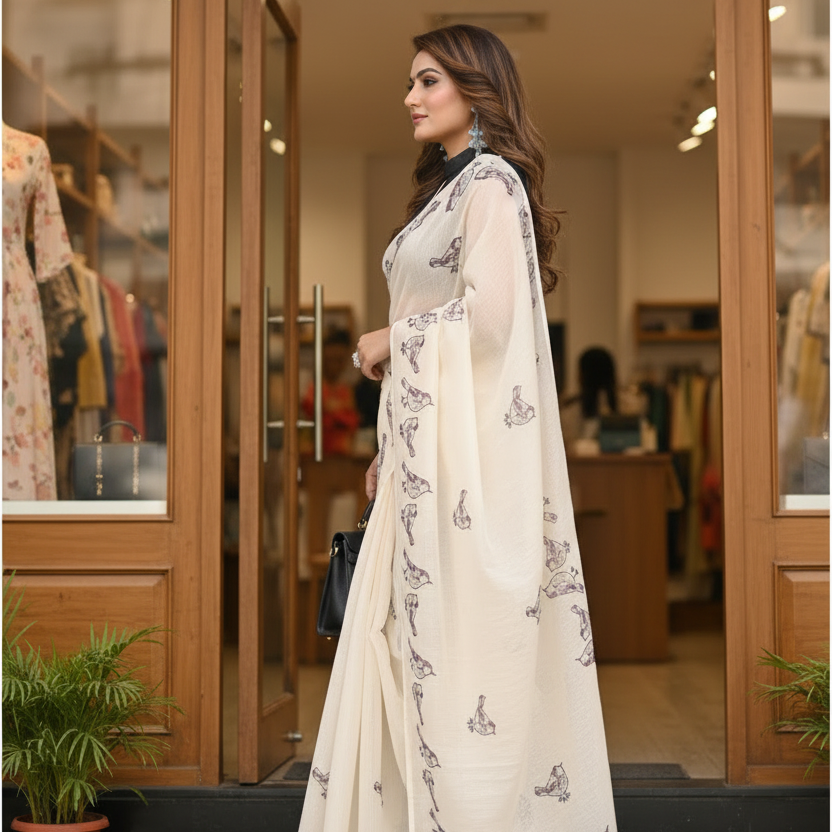 Muthu Studio Premium Trending Women's Linen Cotton Printed Saree With Unstitched Blouse 5.5Mtr (Off White) in Off White