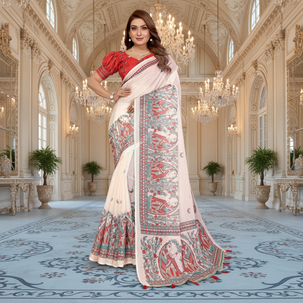 Muthu Studio Premium Trending Women's Linen Cotton Printed Saree With Unstitched Blouse 5.5Mtr (Off White) in Off White