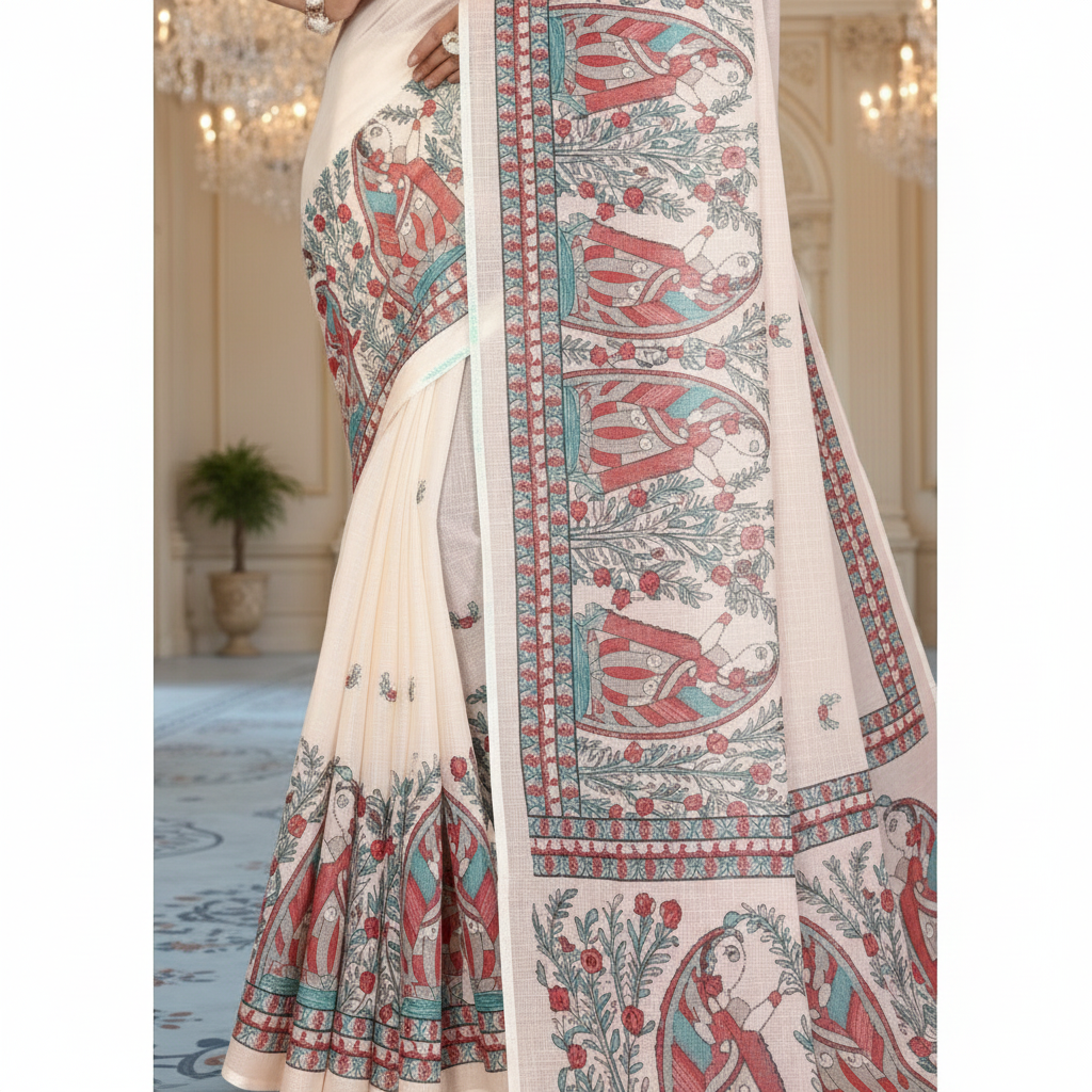 Muthu Studio Premium Trending Women's Linen Cotton Printed Saree With Unstitched Blouse 5.5Mtr (Off White) in Off White