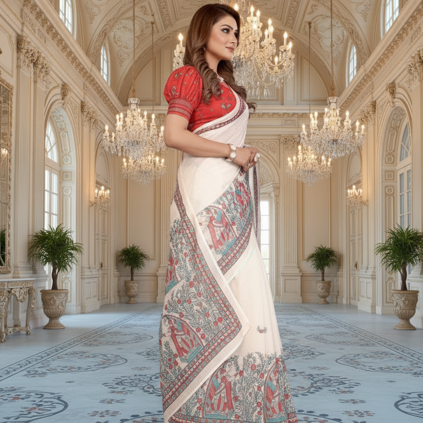 Muthu Studio Premium Trending Women's Linen Cotton Printed Saree With Unstitched Blouse 5.5Mtr (Off White) in Off White