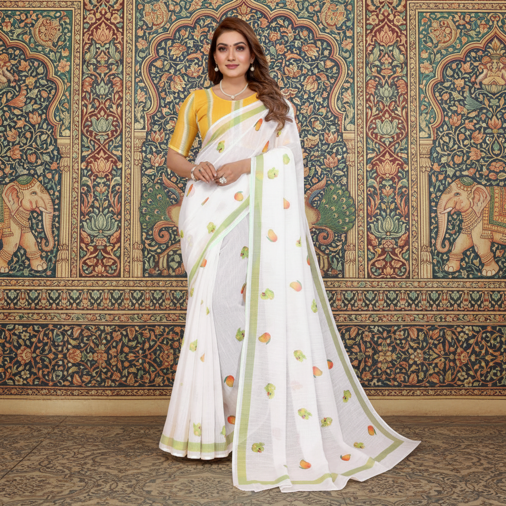 Muthu Studio Premium Trending Women's Linen Cotton Printed Saree With Unstitched Blouse 5.5Mtr (White) in White