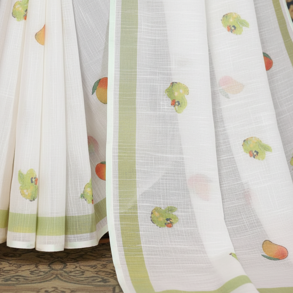 Muthu Studio Premium Trending Women's Linen Cotton Printed Saree With Unstitched Blouse 5.5Mtr (White) in White