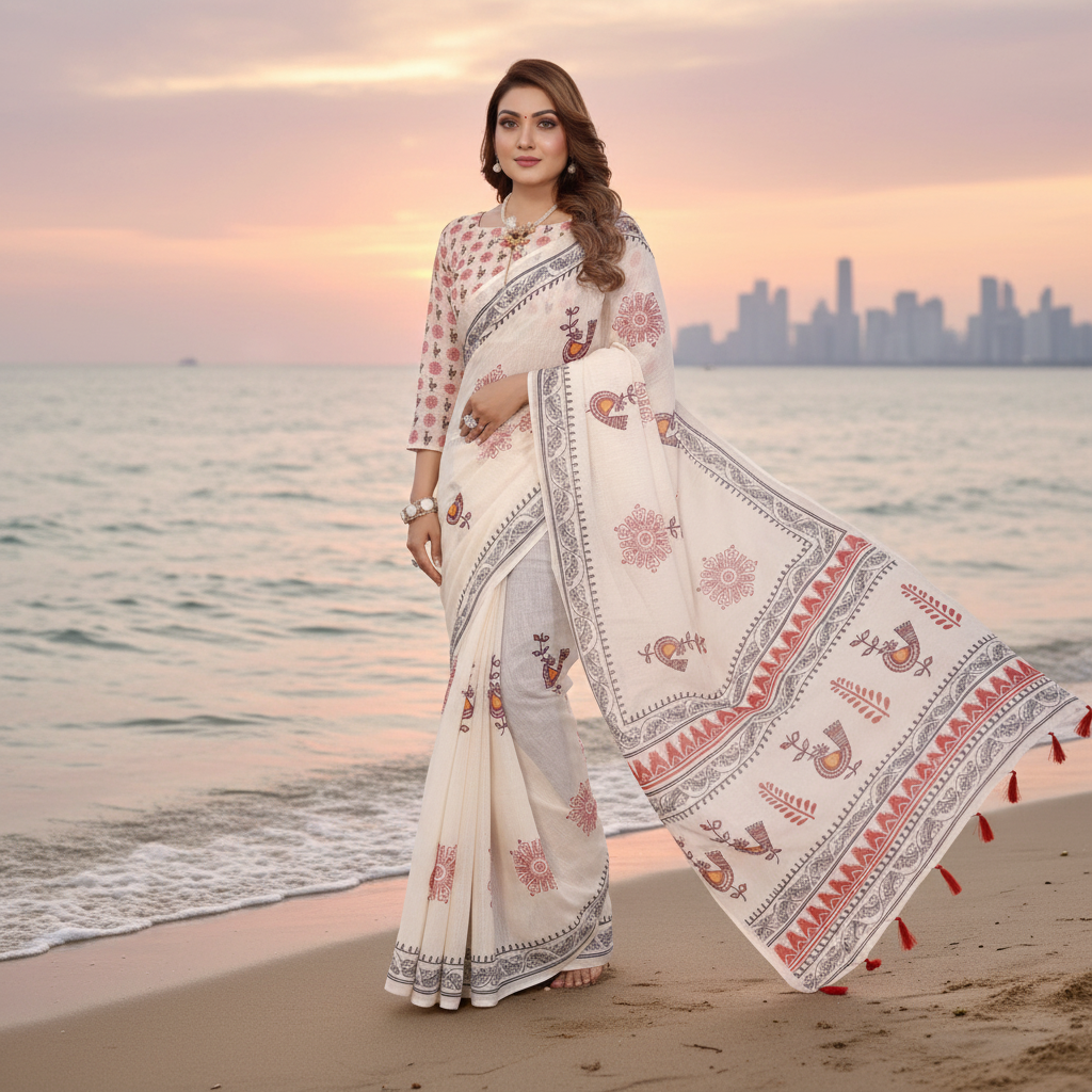 Muthu Studio Premium Trending Women's Linen Cotton Printed Saree With Unstitched Blouse 5.5Mtr (Off White) in Off White