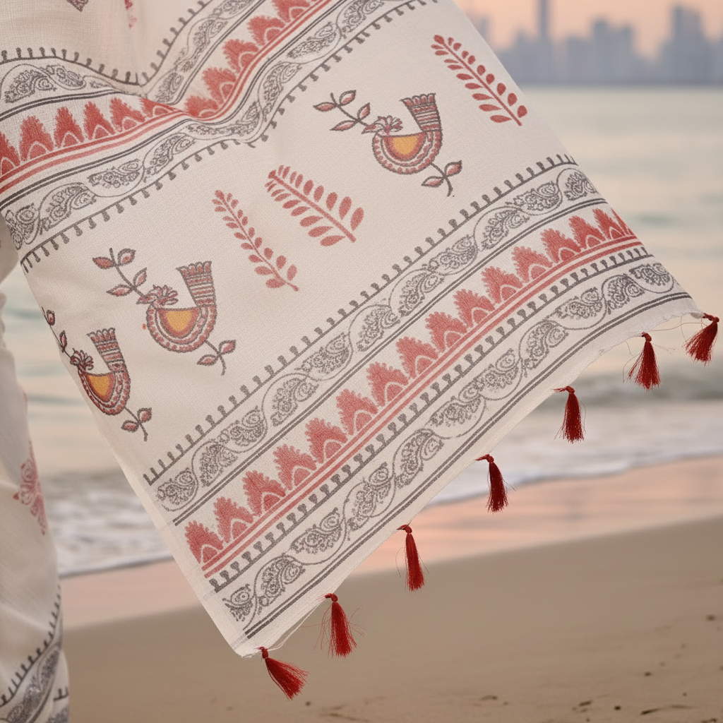 Muthu Studio Premium Trending Women's Linen Cotton Printed Saree With Unstitched Blouse 5.5Mtr (Off White) in Off White