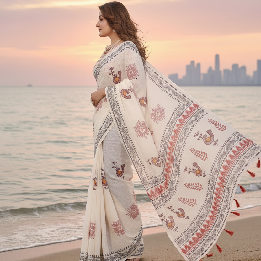 Muthu Studio Premium Trending Women's Linen Cotton Printed Saree With Unstitched Blouse 5.5Mtr (Off White) in Off White
