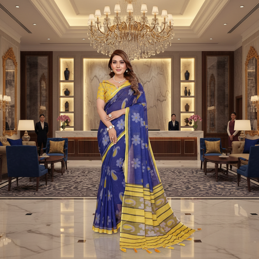 Muthu Studio Premium Trending Women's Linen Cotton Printed Saree With Unstitched Blouse 5.5Mtr (Blue) in Blue