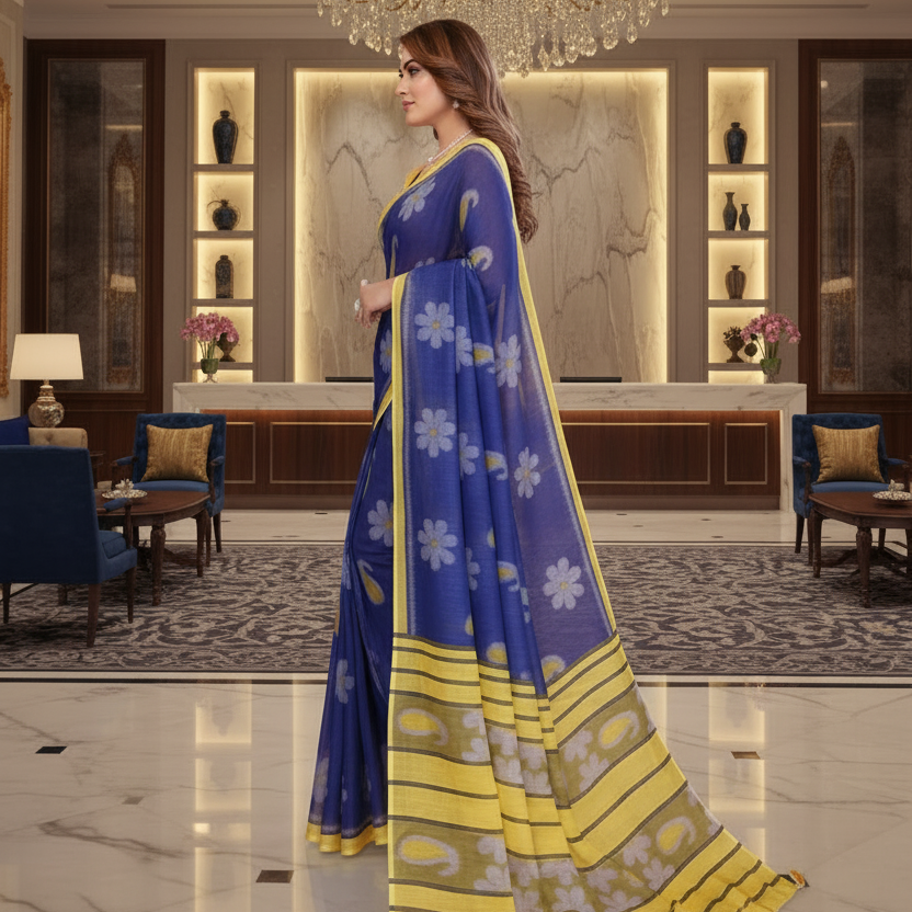 Muthu Studio Premium Trending Women's Linen Cotton Printed Saree With Unstitched Blouse 5.5Mtr (Blue) in Blue