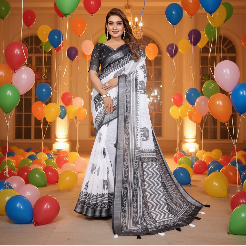 Muthu Studio Premium Trending Women's Linen Cotton Printed Saree With Unstitched Blouse 5.5Mtr (White-Black) in White-Black