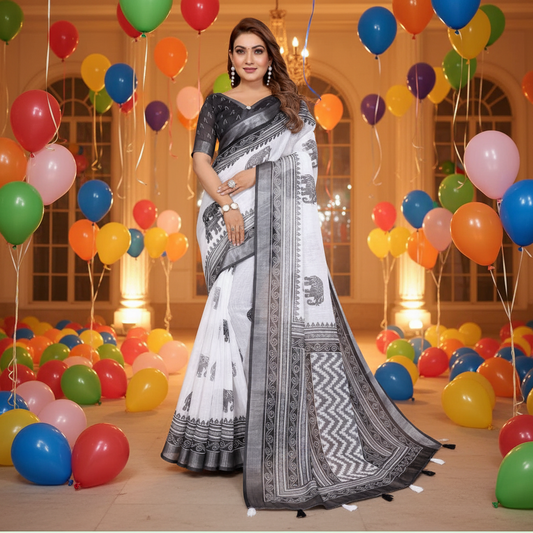 Muthu Studio Premium Trending Women's Linen Cotton Printed Saree With Unstitched Blouse 5.5Mtr (White-Black) in White-Black
