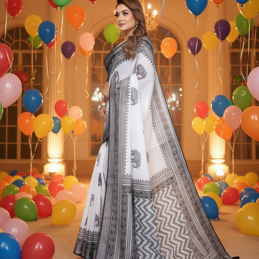 Muthu Studio Premium Trending Women's Linen Cotton Printed Saree With Unstitched Blouse 5.5Mtr (White-Black) in White-Black