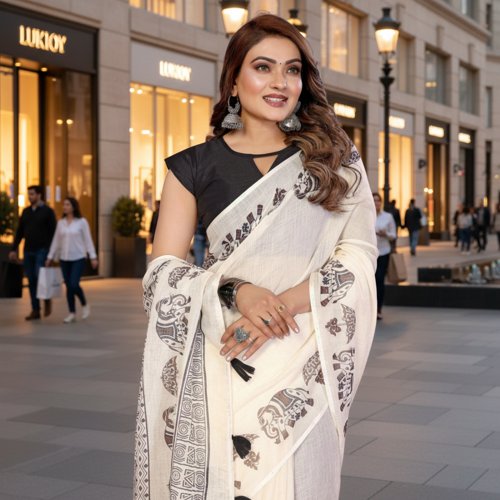Muthu Studio Premium Trending Women's Linen Cotton Printed Saree With Unstitched Blouse 5.5Mtr (Off White) in Off White