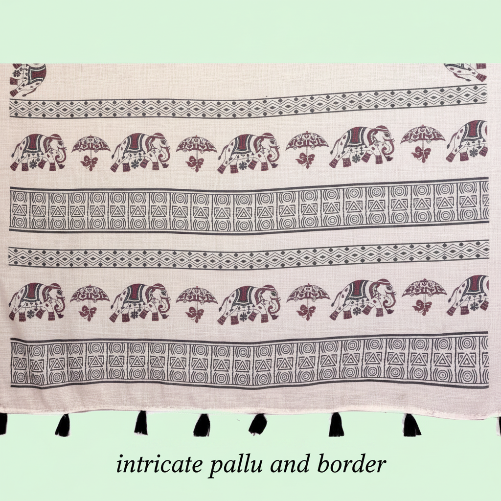 Muthu Studio Premium Trending Women's Linen Cotton Printed Saree With Unstitched Blouse 5.5Mtr (Off White) in Off White