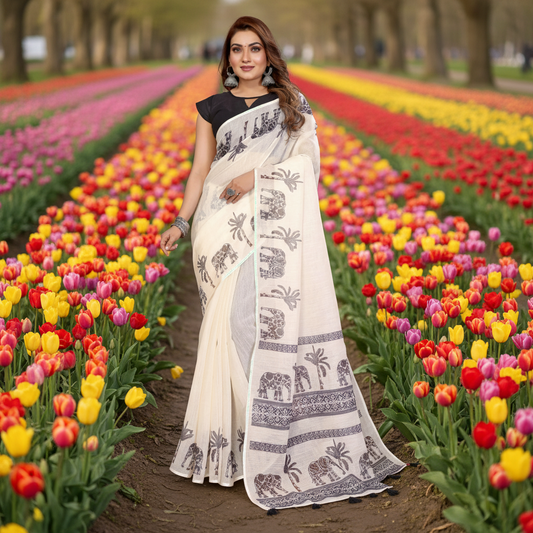 Muthu Studio Premium Trending Women's Linen Cotton Printed Saree With Unstitched Blouse 5.5Mtr (Off White) in Off White