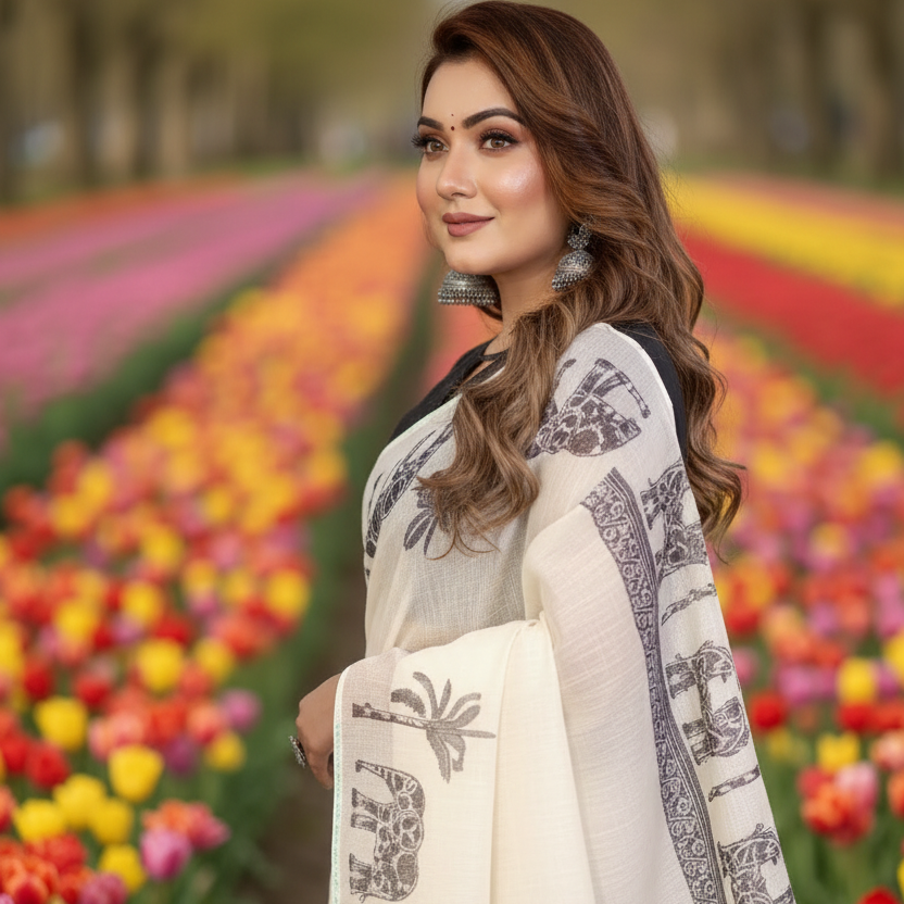 Muthu Studio Premium Trending Women's Linen Cotton Printed Saree With Unstitched Blouse 5.5Mtr (Off White) in Off White