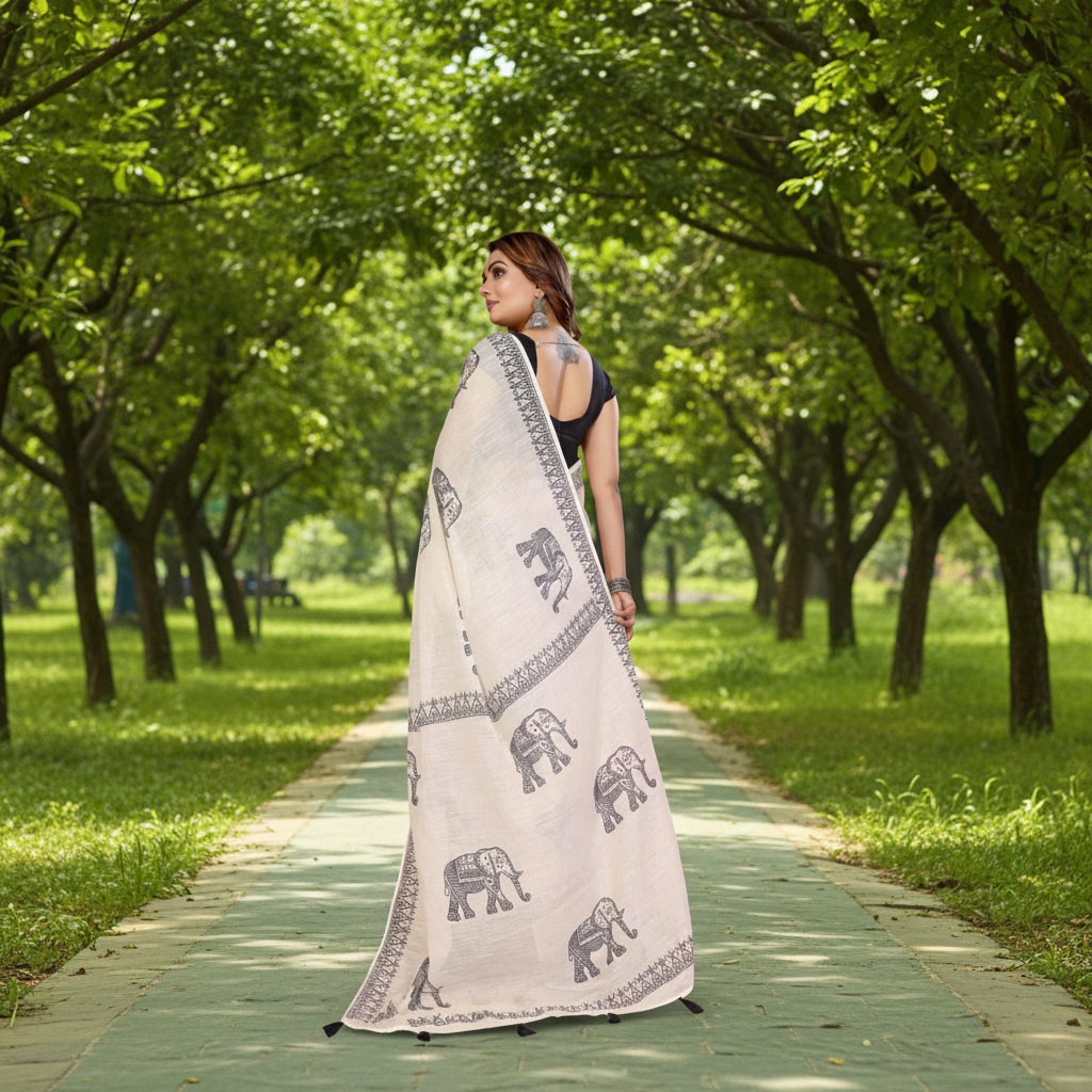 Muthu Studio Premium Trending Women's Linen Cotton Printed Saree With Unstitched Blouse 5.5Mtr (Off White) in Off White