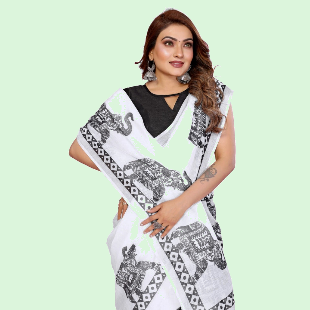Muthu Studio Premium Trending Women's Linen Cotton Printed Saree With Unstitched Blouse 5.5Mtr (White) in White