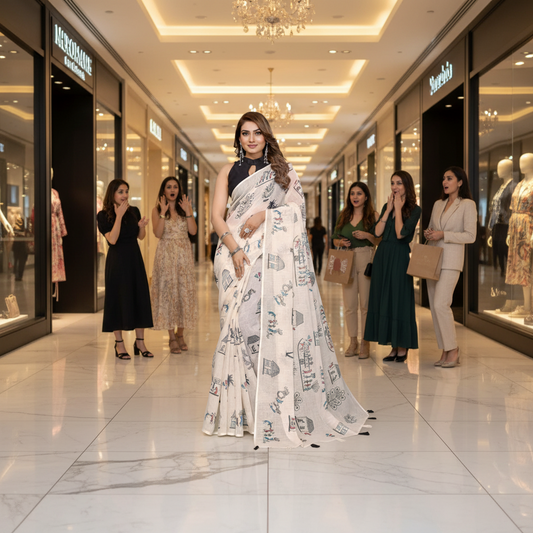 Muthu Studio Premium Trending Women's Linen Cotton Printed Saree With Unstitched Blouse 5.5Mtr (Off White) in Off White