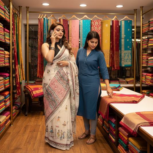 Muthu Studio Premium Trending Women's Linen Cotton Printed Saree With Unstitched Blouse 5.5Mtr (Off White) in Off White