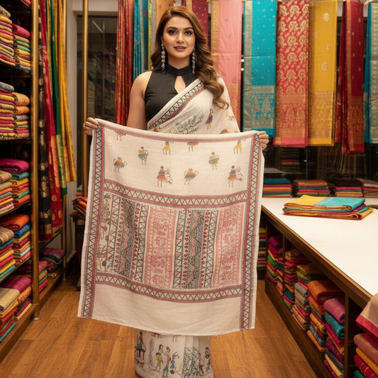 Muthu Studio Premium Trending Women's Linen Cotton Printed Saree With Unstitched Blouse 5.5Mtr (Off White) in Off White