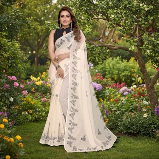 Muthu Studio Premium Trending Women's Linen Cotton Printed Saree With Unstitched Blouse 5.5Mtr (Off White) in Off White