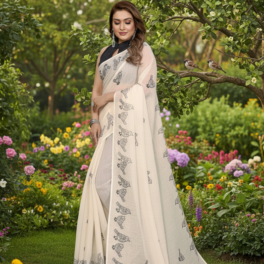 Muthu Studio Premium Trending Women's Linen Cotton Printed Saree With Unstitched Blouse 5.5Mtr (Off White) in Off White