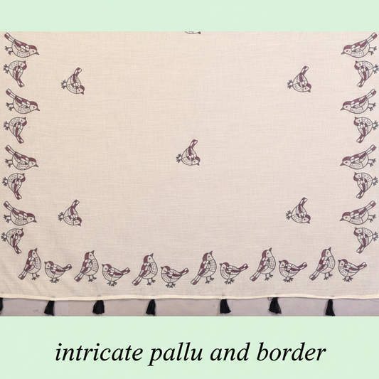 Muthu Studio Premium Trending Women's Linen Cotton Printed Saree With Unstitched Blouse 5.5Mtr (Off White) in Off White