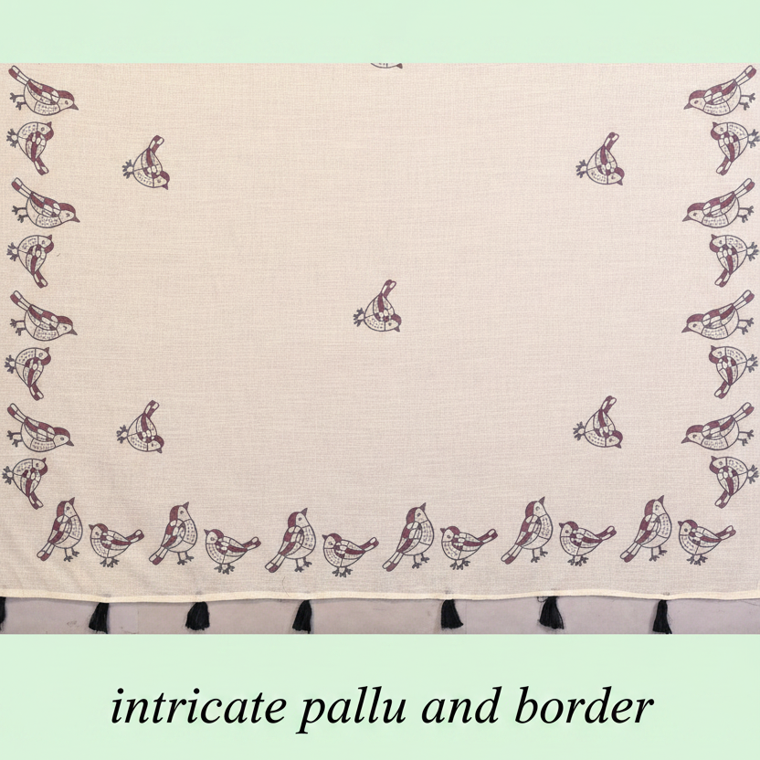 Muthu Studio Premium Trending Women's Linen Cotton Printed Saree With Unstitched Blouse 5.5Mtr (Off White) in Off White