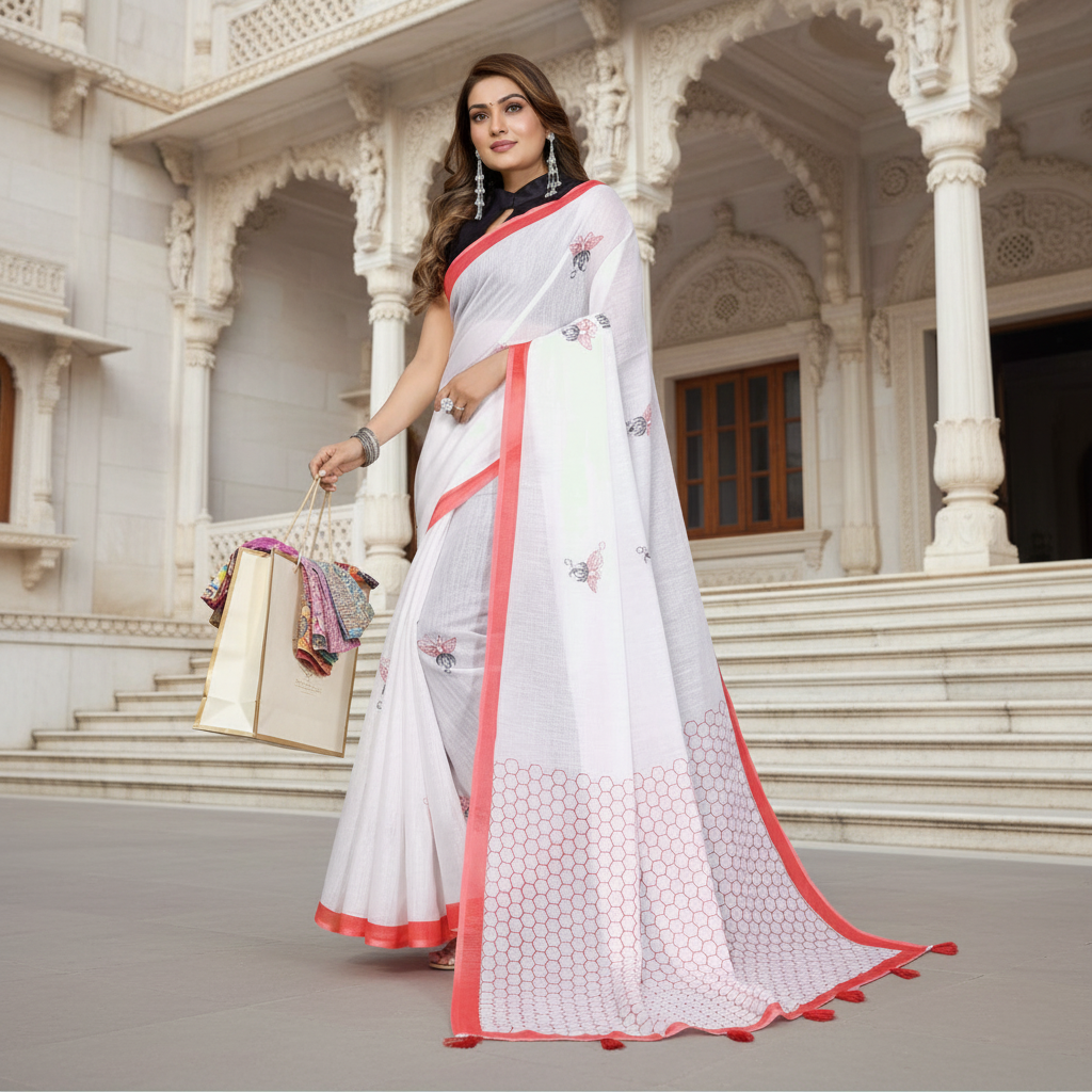 Muthu Studio Premium Trending Women's Linen Cotton Printed Saree With Unstitched Blouse 5.5Mtr (White) in White