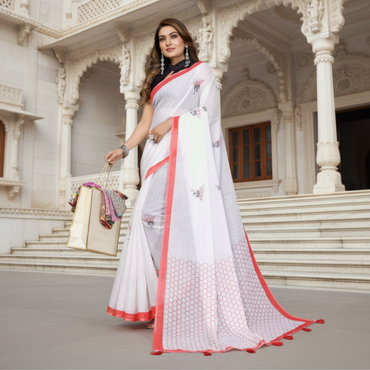 Muthu Studio Premium Trending Women's Linen Cotton Printed Saree With Unstitched Blouse 5.5Mtr (White) in White