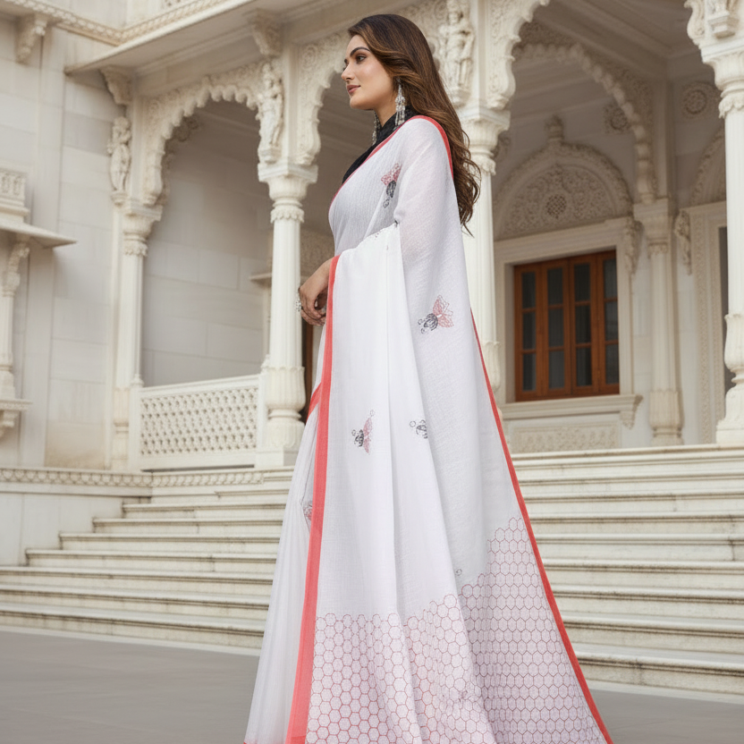 Muthu Studio Premium Trending Women's Linen Cotton Printed Saree With Unstitched Blouse 5.5Mtr (White) in White