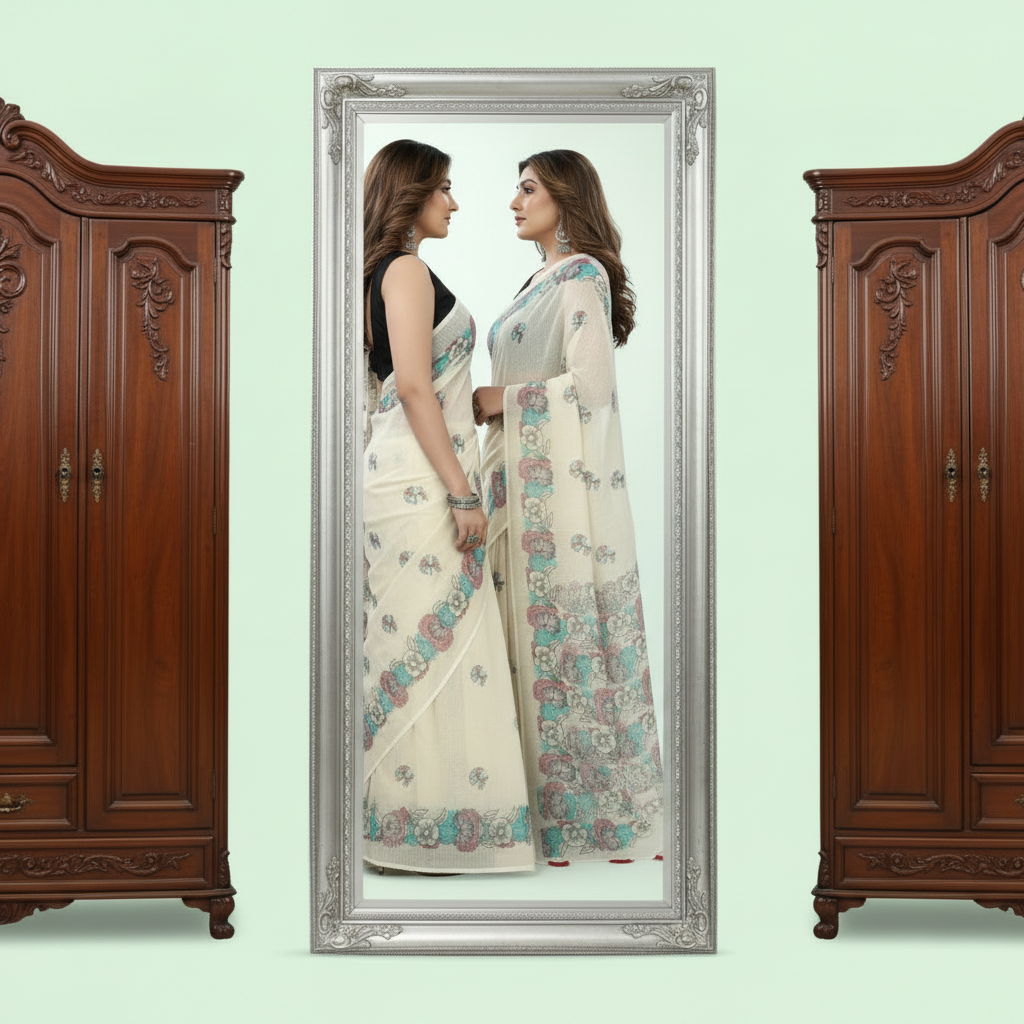 Muthu Studio Premium Trending Women's Linen Cotton Printed Saree With Unstitched Blouse 5.5Mtr (Off White) in Off White