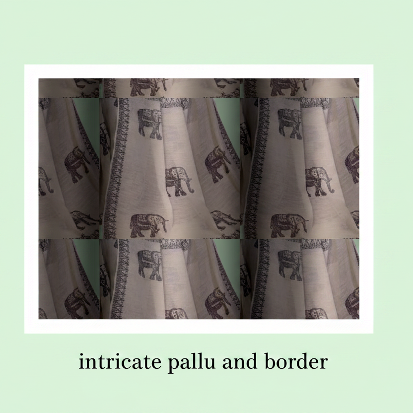 Muthu Studio Premium Trending Women's Linen Cotton Printed Saree With Unstitched Blouse 5.5Mtr (Off White) in Off White